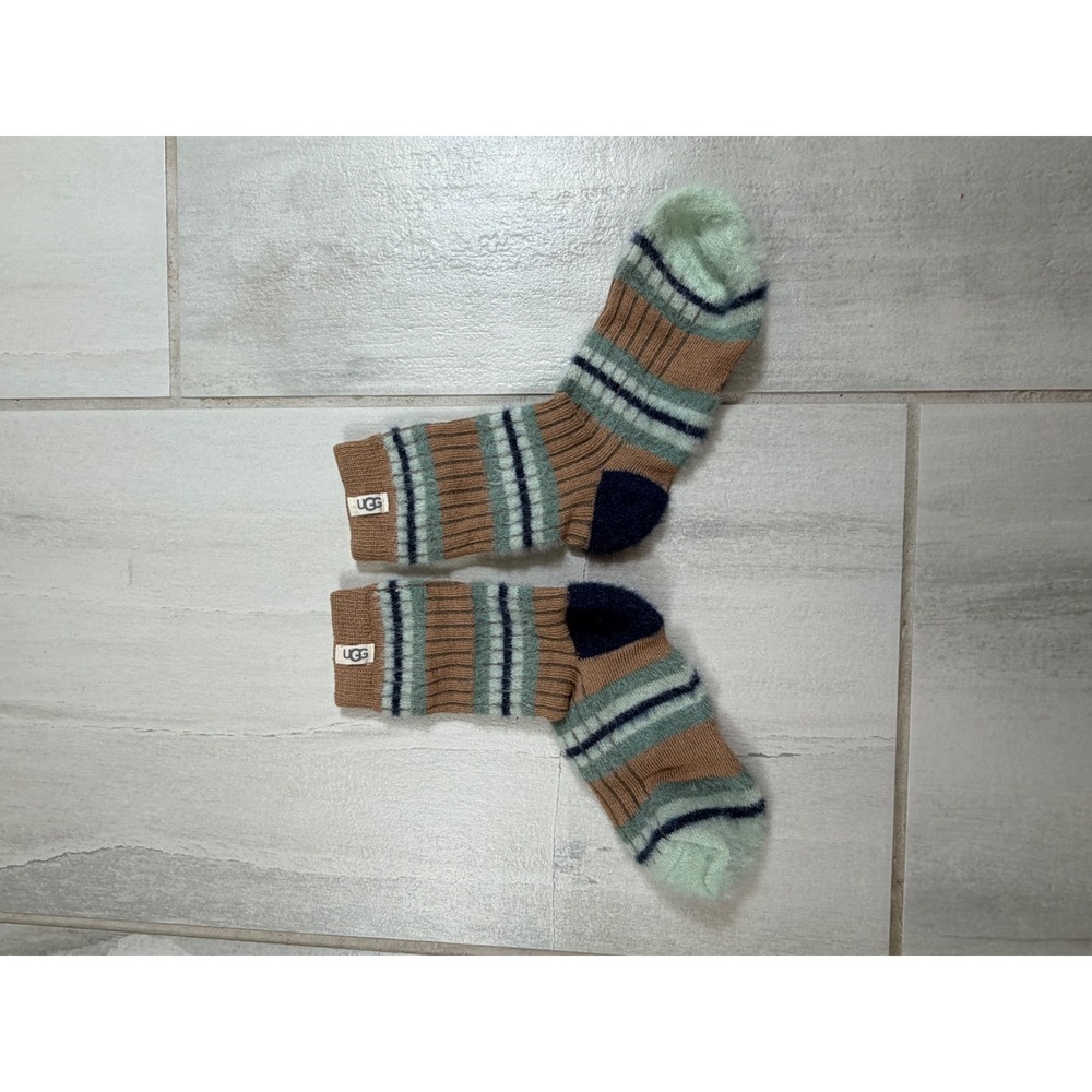 UGG Womens Fuzzy Striped Crew Socks Brown Sage Green Navy Blue Ribbed Cuff